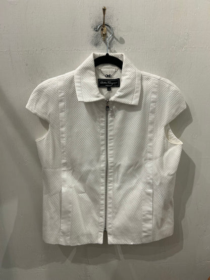 SALVATORE FERRAGAMO White Collared Zip Front Top - Size L