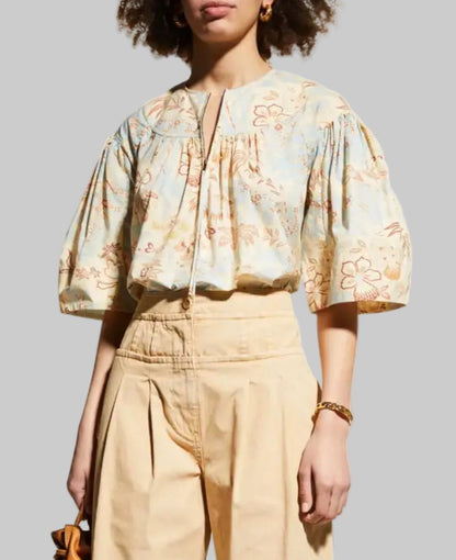ULLA JOHNSON Lolana Flared-Sleeve Floral Cotton Top - Size 8