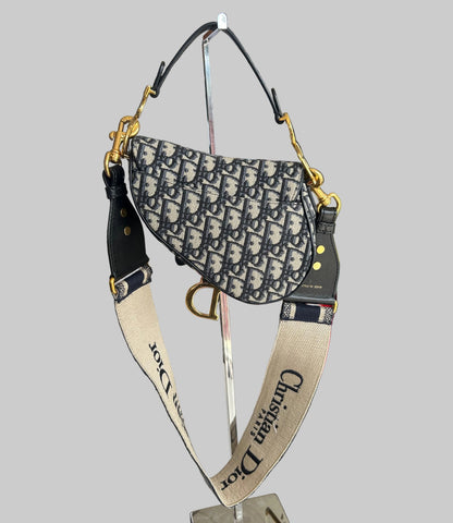 CHRISTIAN DIOR Blue Oblique Jacquard Mini Saddle Bag With Strap
