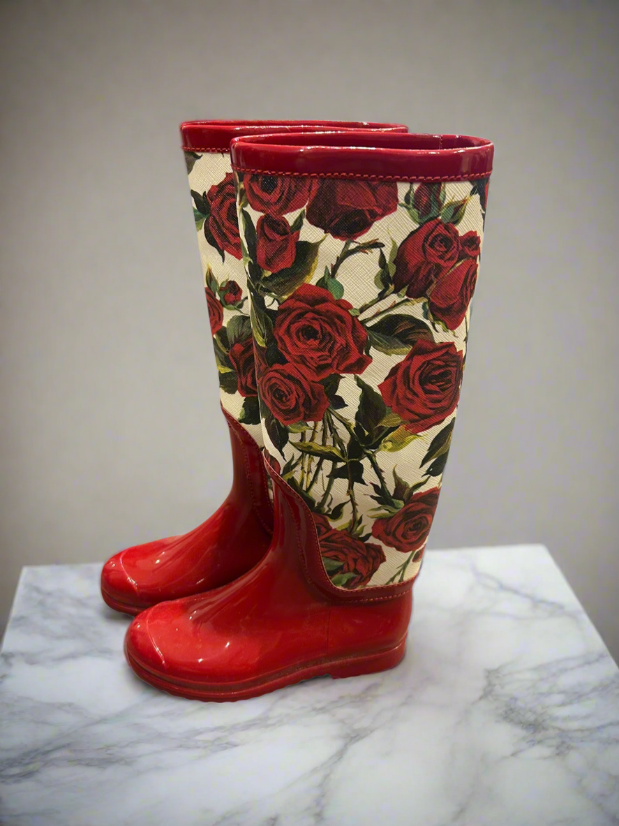 DOLCE & GABBANA Rose Print Rainboots - Size 35