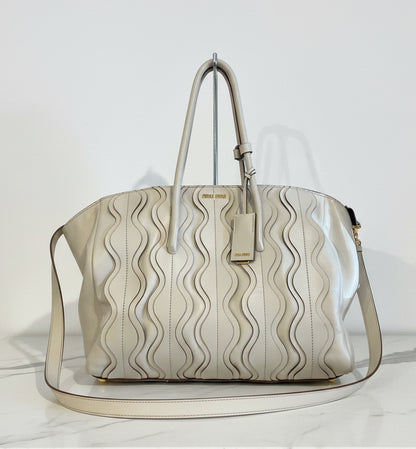 MIU MIU White Leather Matelassé Shopper