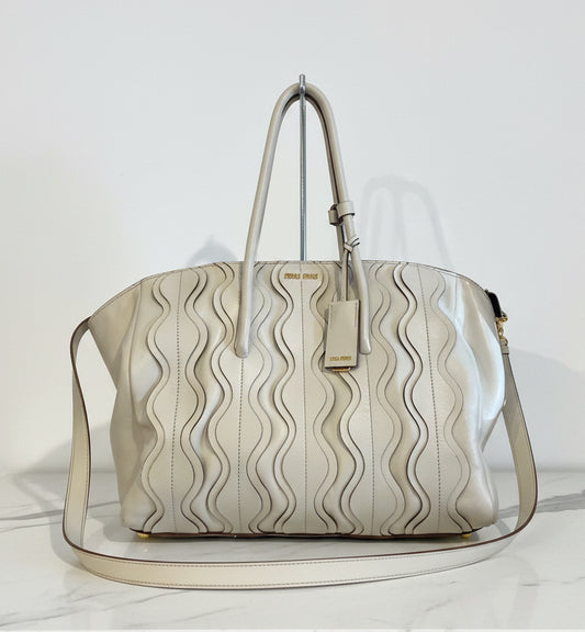 MIU MIU White Leather Matelassé Shopper