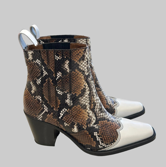 GANNI Snake Print Leather Western Boot - Size 40