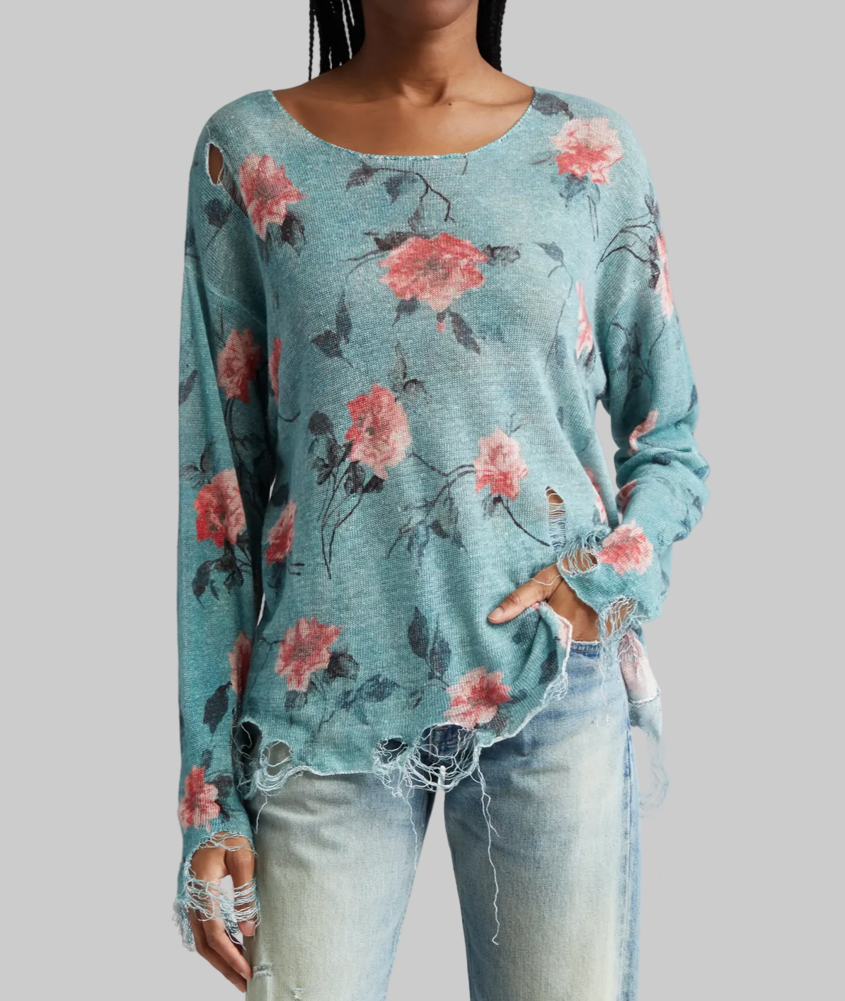 R13 Oversized Distressed Floral Boyfriend Sweater In Blue - Size L