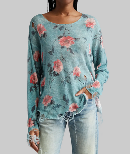 R13 Oversized Distressed Floral Boyfriend Sweater In Blue - Size L