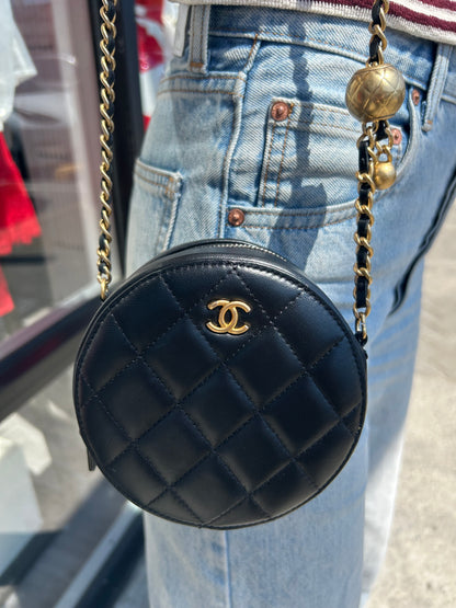 CHANEL Lambskin Quilted Round Pearl Crush Clutch w/ Chain