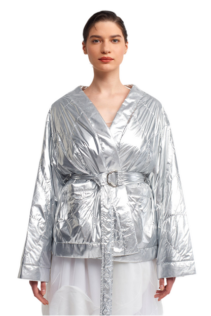 Nu Metallic Belted Waist Jacket Silver - Size s/m