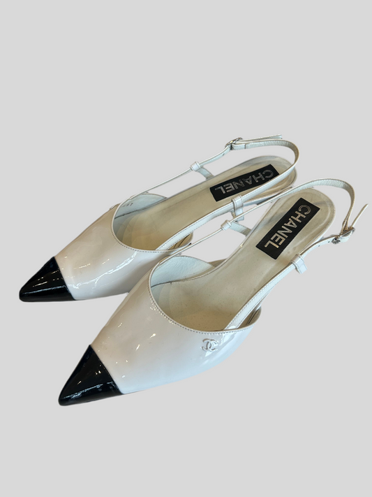 CHANEL White & Black Patent Kitten Heel Sling-backs - Size 38