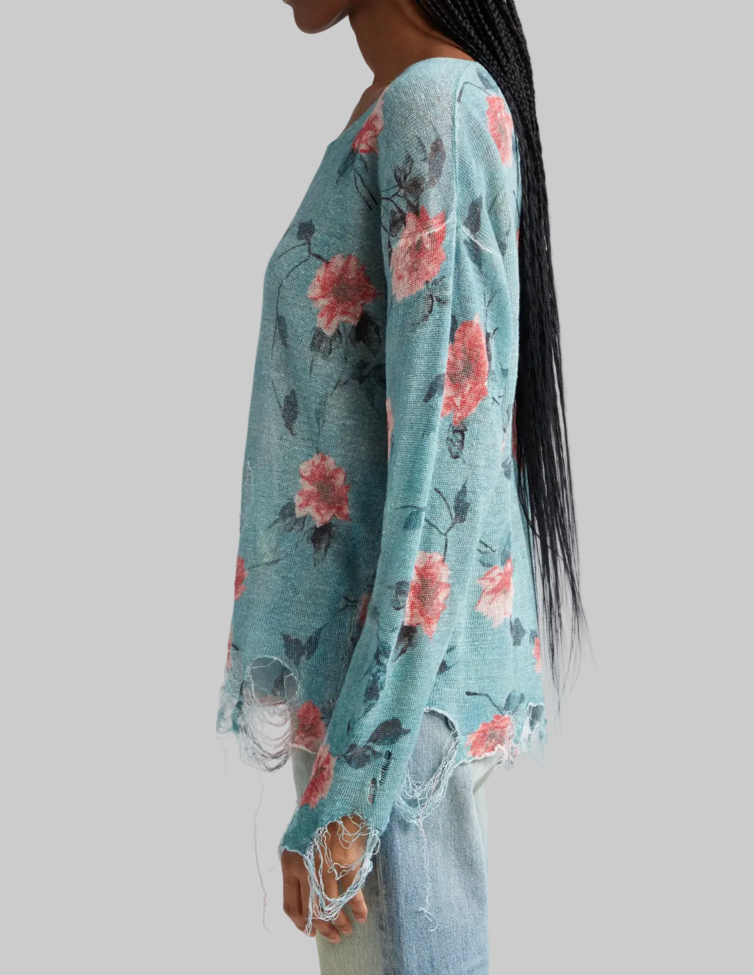 R13 Oversized Distressed Floral Boyfriend Sweater In Blue - Size L
