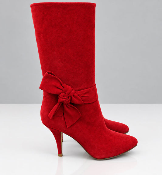 VALENTINO Red Suede Kitten Heel Boots - Size 38.5