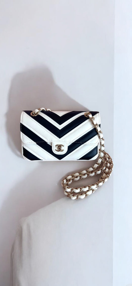 CHANEL White Black Chevron Lambskin Stitched Mini Flap