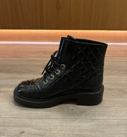 CHANEL Quilted Monogram CC Patent Leather Boots - Size 37.5