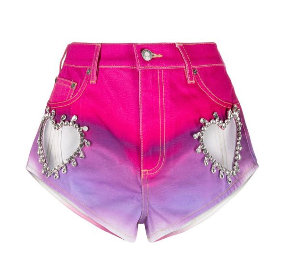 Crystal Heart Cutout Ombre Denim Hot Shorts - Size 30