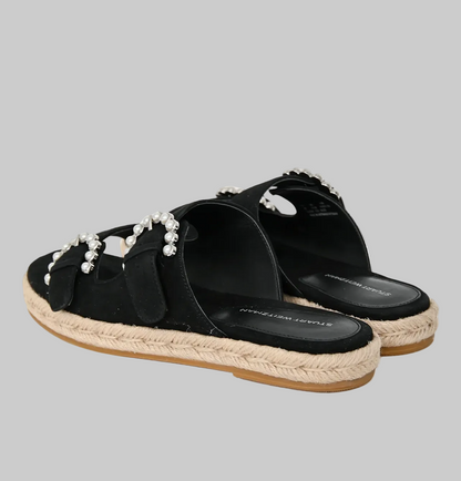 STUART WEITZMAN Black Suede Tomi Pearl Accent Espadrilles - Size 6.5