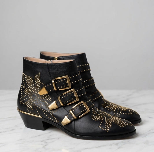 CHLOÉ Black Leather Studded Susanna Boots - Size 39.5
