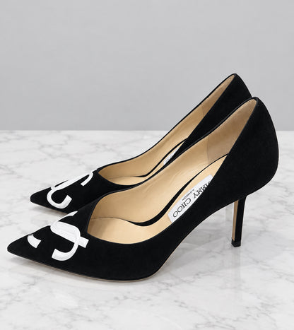 JIMMY CHOO Black Pointed Toe Suede Logo - Size 38.5