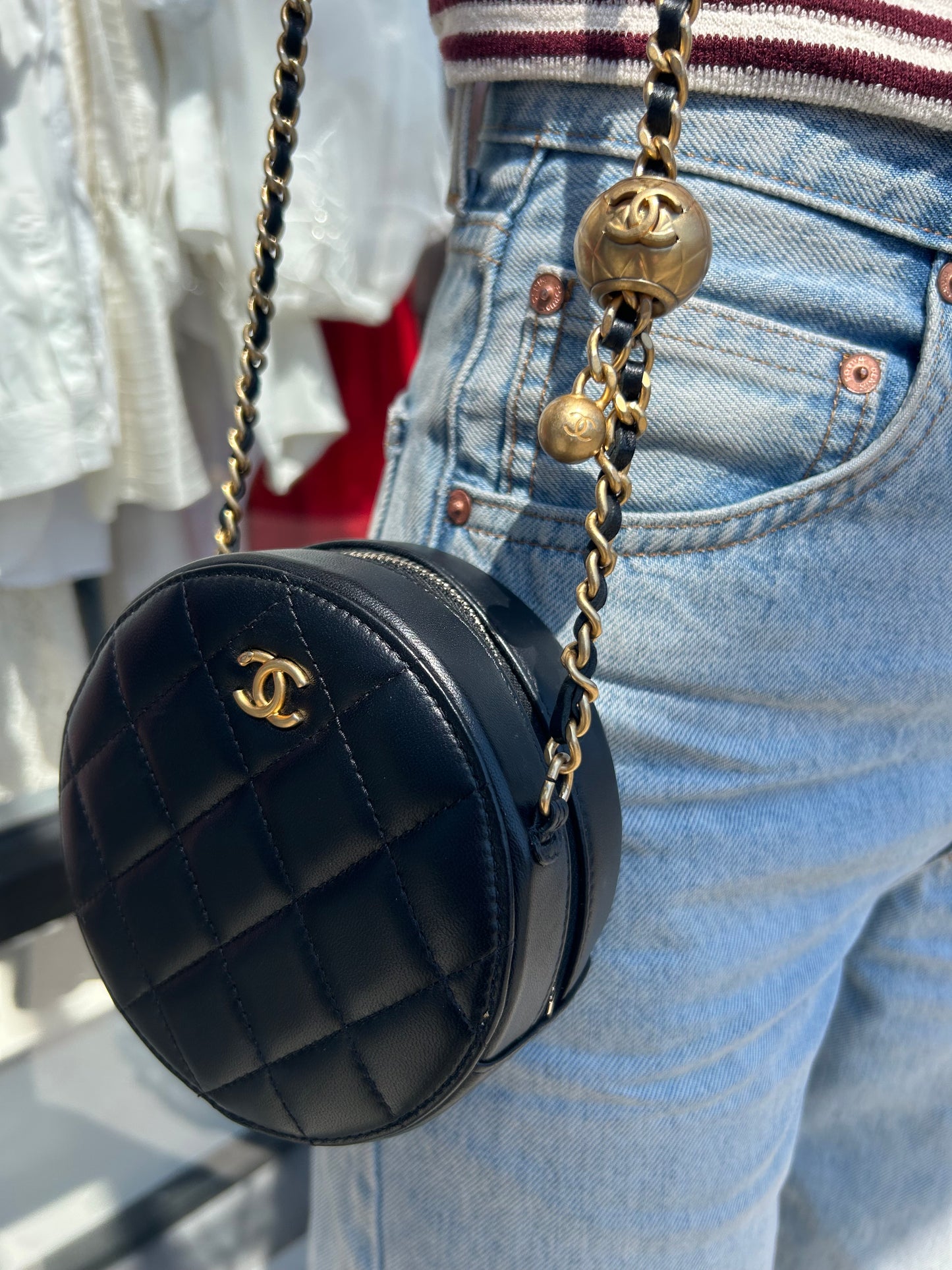 CHANEL Lambskin Quilted Round Pearl Crush Clutch w/ Chain