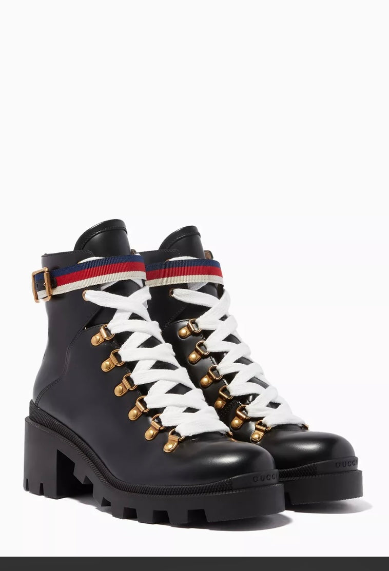 Sylvie Web GUCCI Leather Combat Boots - Size 38