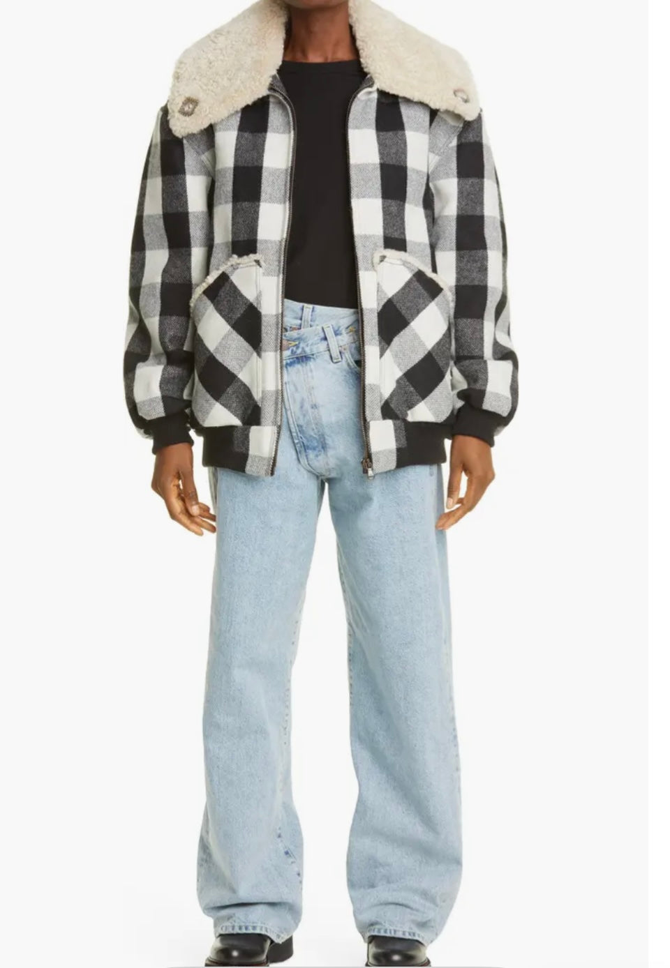 R13 EXAGGERATED SHEARLING COLLAR BOMBER JACKET IN ECRU BUFFALO - Size M