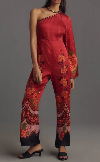 New* FARM RIO One-Shoulder Printed Satin Jumpsuit - Size XL