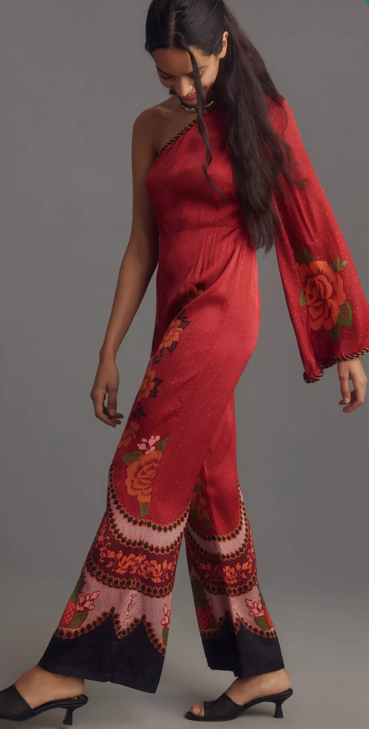 New* Farm Rio One-Shoulder Printed Satin Jumpsuit - Size XL