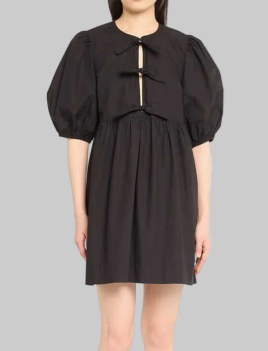 GANNI Tie-Front Puff-Sleeve Poplin Minidress - Size XS