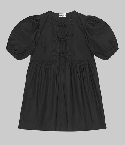 GANNI Tie-Front Puff-Sleeve Poplin Minidress - Size XS