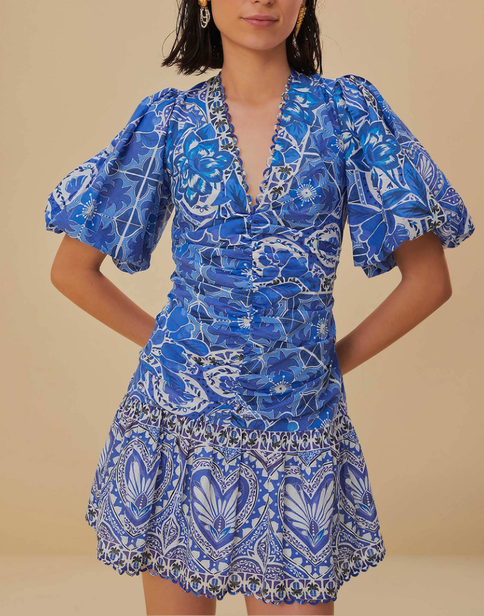 New* FARM RIO Blue Tile Dream Mini Dress - Size L