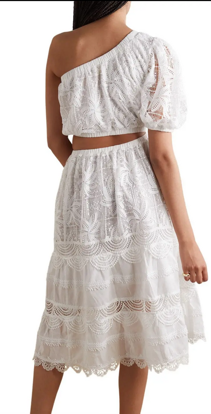 WAIMARI One-Shoulder Guipure Lace and Cotton-Blend Voile Midi Dress - Size M