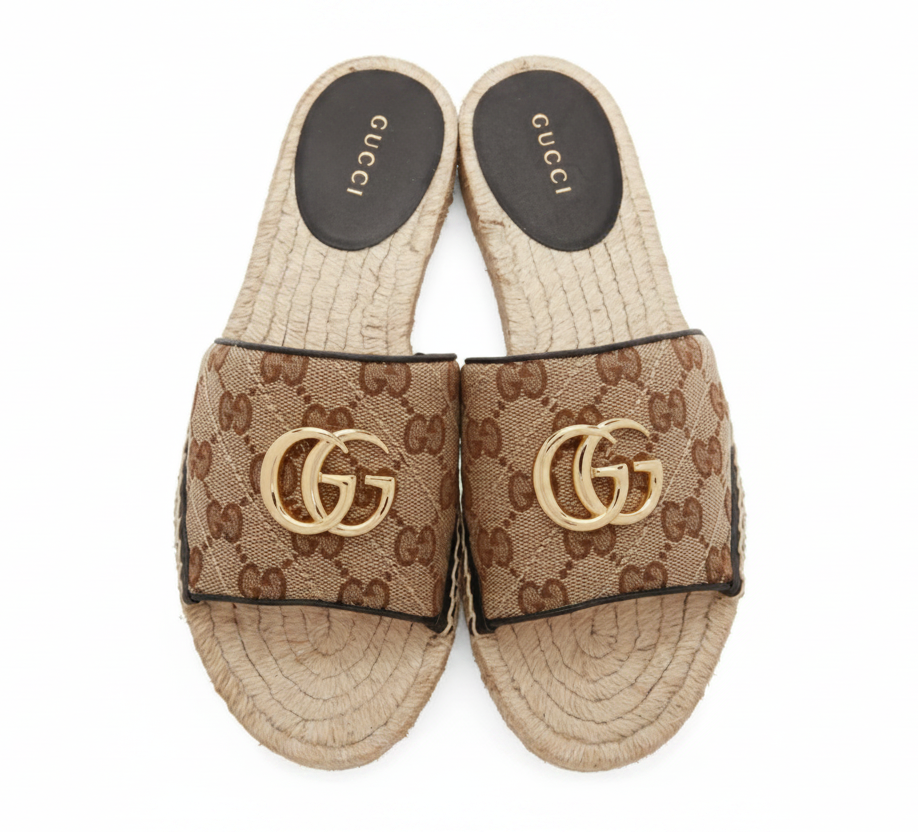 Gucci Beige Canvas GG Espadrille Sandals - Size 38