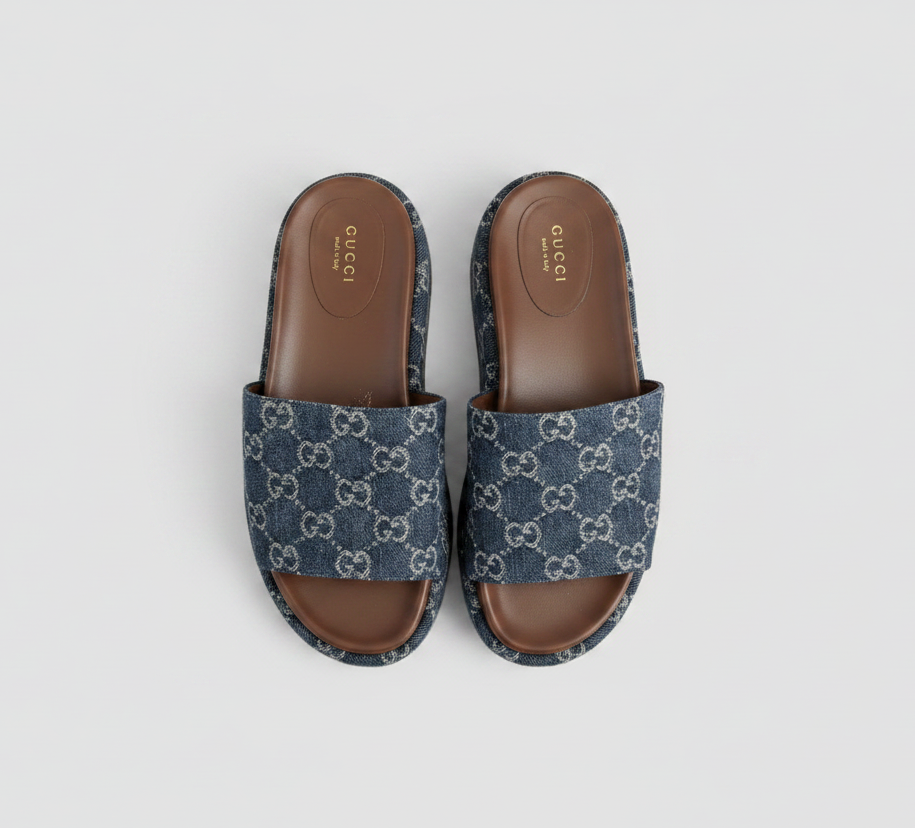 GUCCI Blue Denim Platform Slide Sandals - Size 38