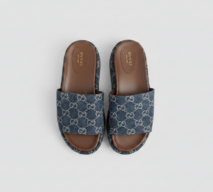 GUCCI Blue Denim Platform Slide Sandals - Size 38