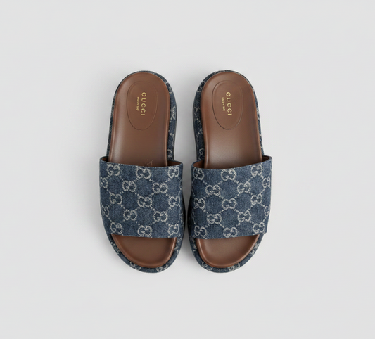 GUCCI Blue Denim Platform Slide Sandals - Size 38