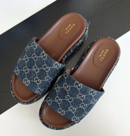 GUCCI Blue Denim Platform Slide Sandals - Size 38