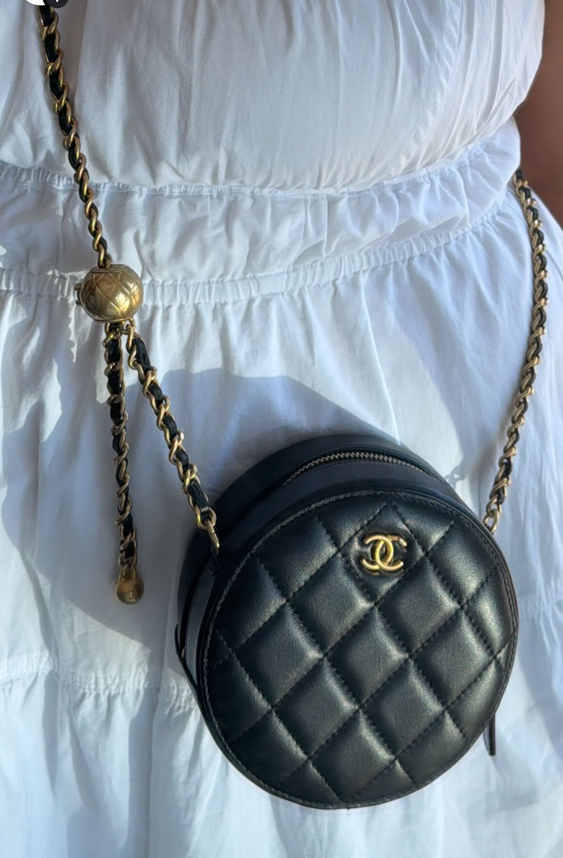 CHANEL Lambskin Quilted Round Pearl Crush Clutch w/ Chain