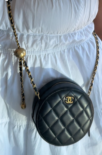 CHANEL Lambskin Quilted Round Pearl Crush Clutch w/ Chain