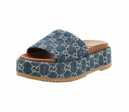 GUCCI Blue Denim Platform Slide Sandals - Size 38