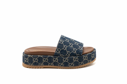GUCCI Blue Denim Platform Slide Sandals - Size 38