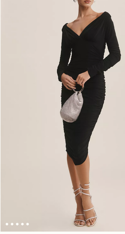 New* Norma Kamali Long-Sleeve Deep-V Ruched Stretch Jersey Midi Dress - Size M