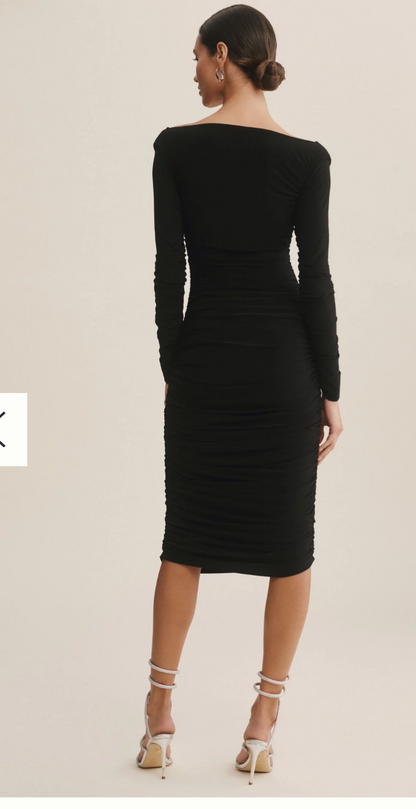 New* Norma Kamali Long-Sleeve Deep-V Ruched Stretch Jersey Midi Dress - Size M
