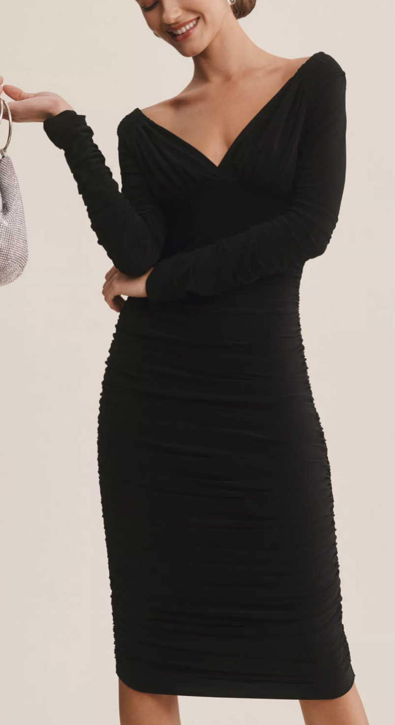 New* Norma Kamali Long-Sleeve Deep-V Ruched Stretch Jersey Midi Dress - Size M