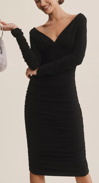 New* Norma Kamali Long-Sleeve Deep-V Ruched Stretch Jersey Midi Dress - Size M