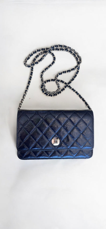 Chanel Navy Blue Wallet On Chain Patent Leather Shoulder Bag