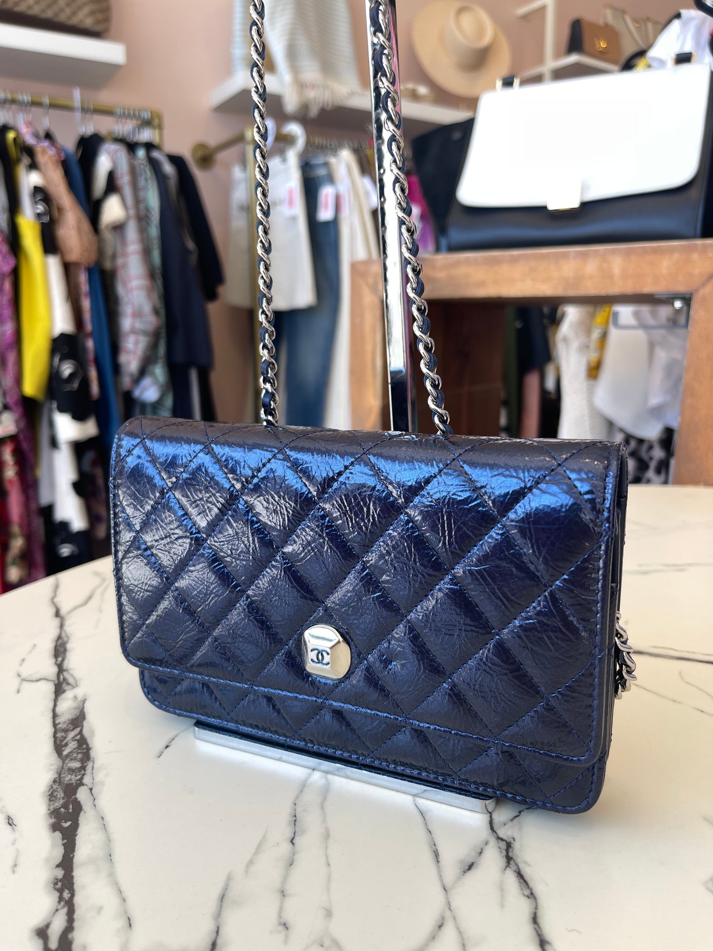 Chanel Navy Blue Wallet On Chain Patent Leather Shoulder Bag