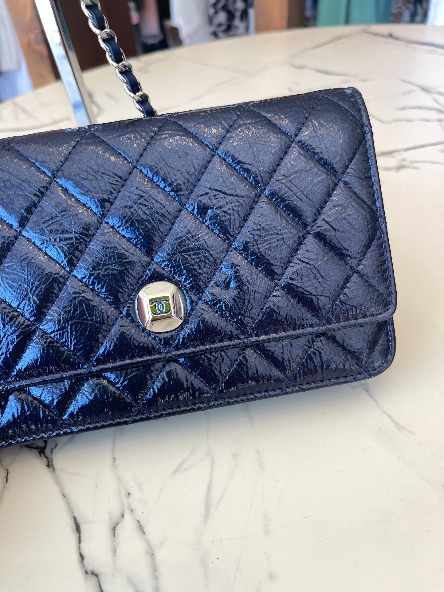 Chanel Navy Blue Wallet On Chain Patent Leather Shoulder Bag