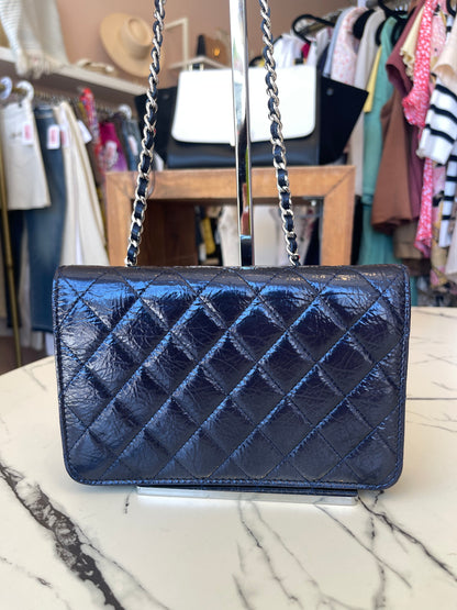 Chanel Navy Blue Wallet On Chain Patent Leather Shoulder Bag