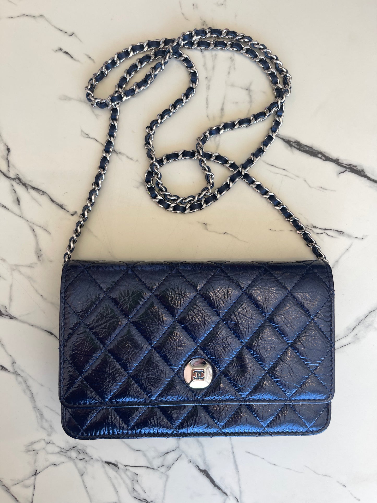 Chanel Navy Blue Wallet On Chain Patent Leather Shoulder Bag