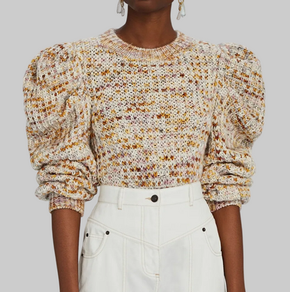 ULLA JOHNSON Rosina Puff Sleeve Waffle Knit Sweater - Size S