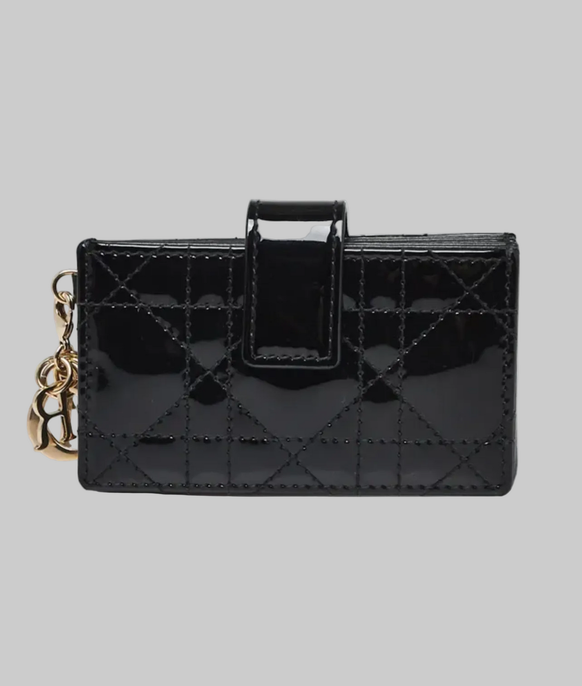 CHRISTIAN DIOR Patent Black Cannage Quilted Leather Lady Dior Gusset Card Case