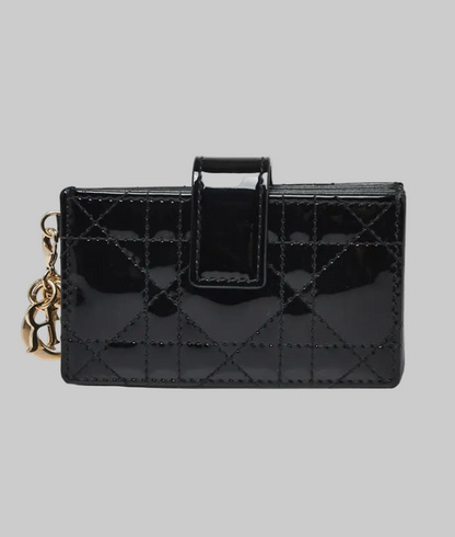 CHRISTIAN DIOR Patent Black Cannage Quilted Leather Lady Dior Gusset Card Case